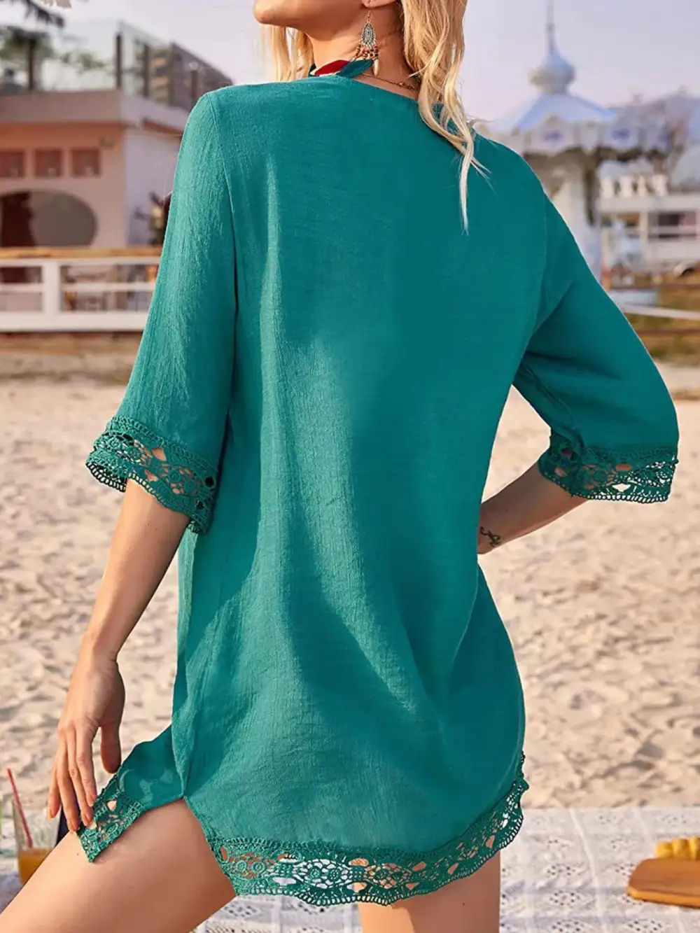 Lace Trim V Neck Swim Cover Up