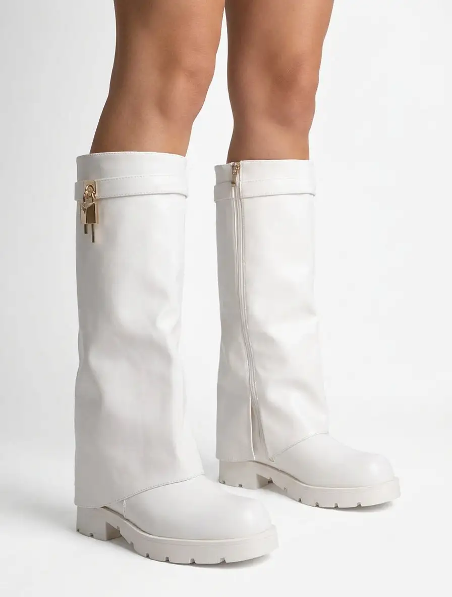 Timeless Block Heel Fold-Over Faux Leather Knee High Boots