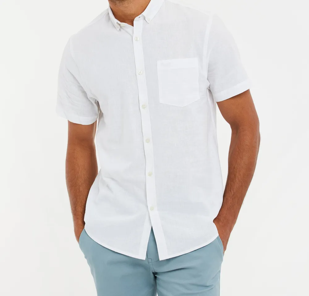 Men's White Short Sleeve Linen Blend Shirt