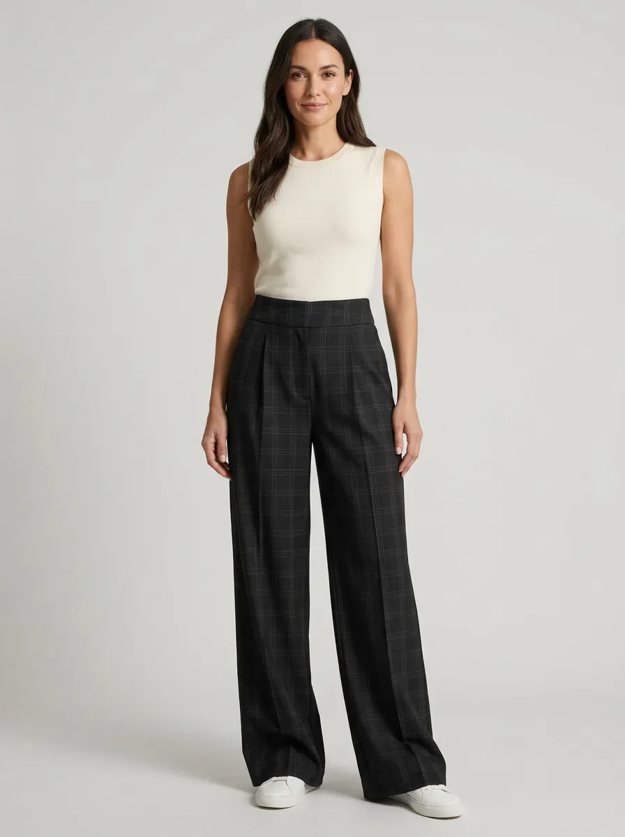 Structured Wide-Leg Plaid Printed Women's Wide-Leg Pants