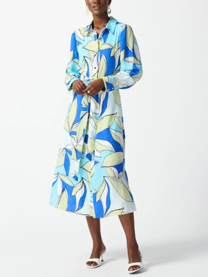 Blue and White Leaf Print Shirt Dress