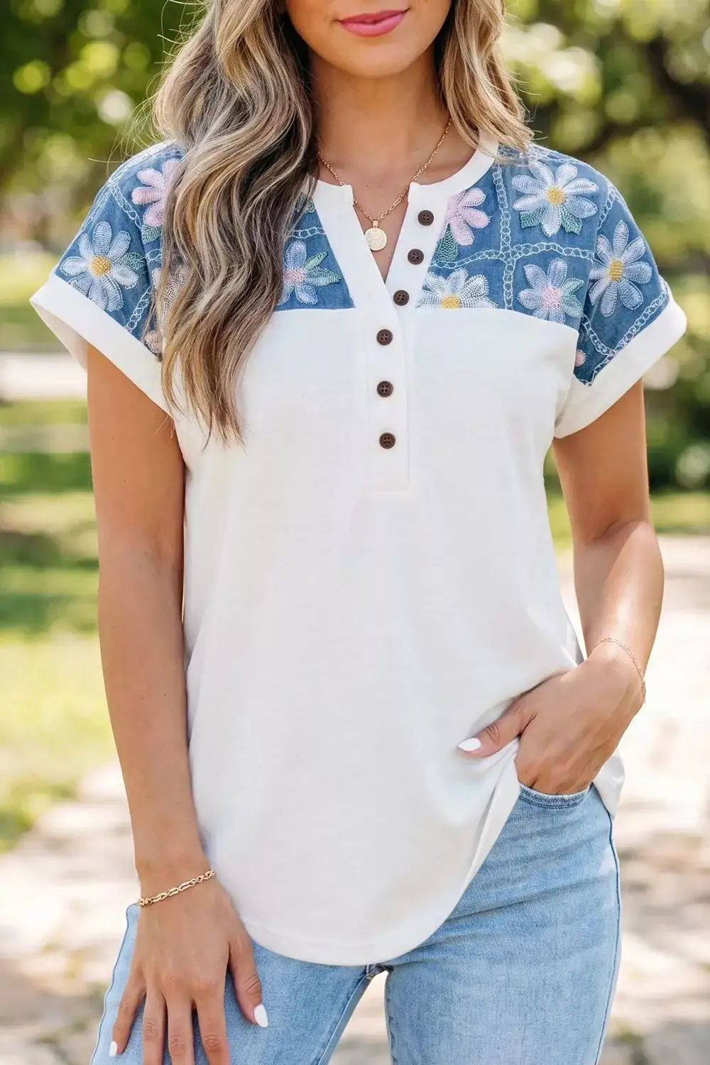Short-Sleeve Button-Detail Floral T-Shirt