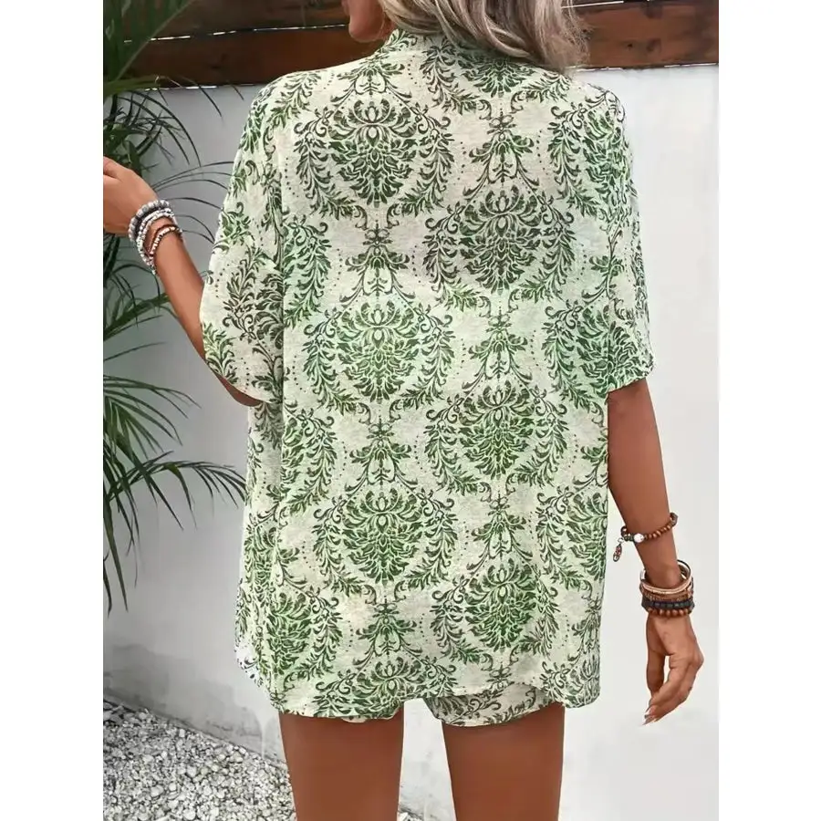 Printed Open Front Cardigan and Shorts Set