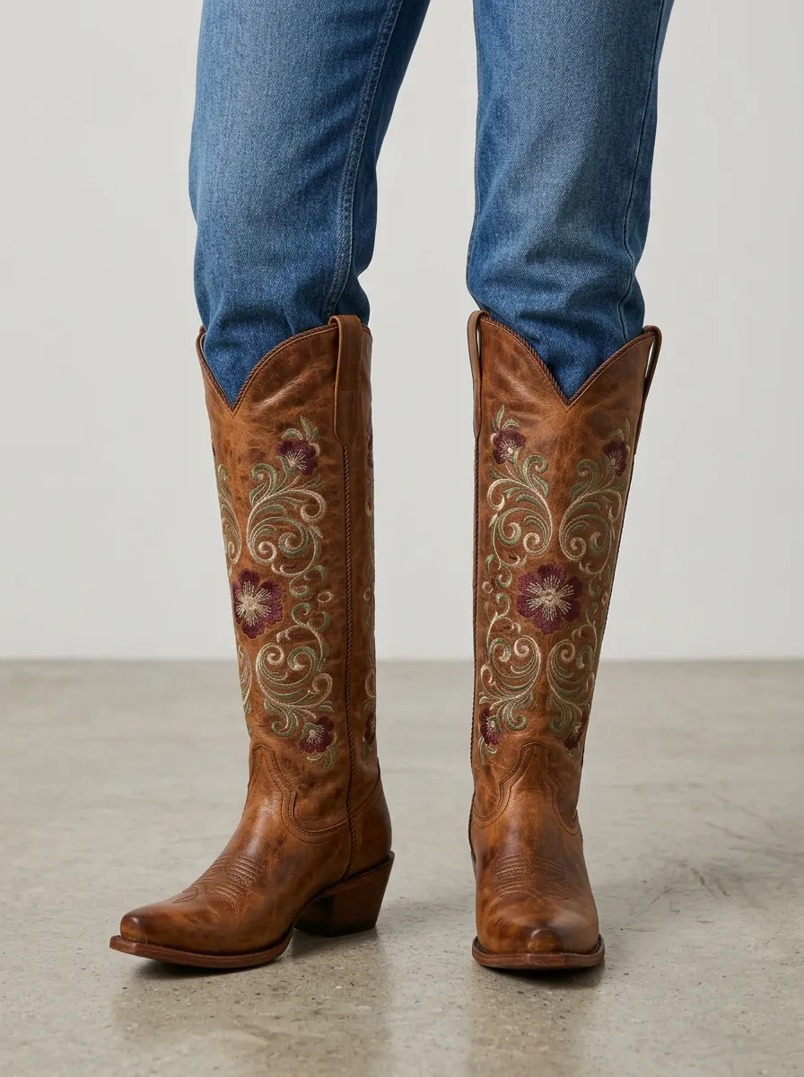 Women's Western Floral Embroidered Pointed-Toe Block-Heel Stacked-Heel Embroidery Denim Over-the-Knee Boots