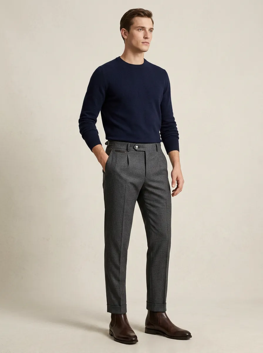Men's Plaid Patterned Grey Business Casual Trousers