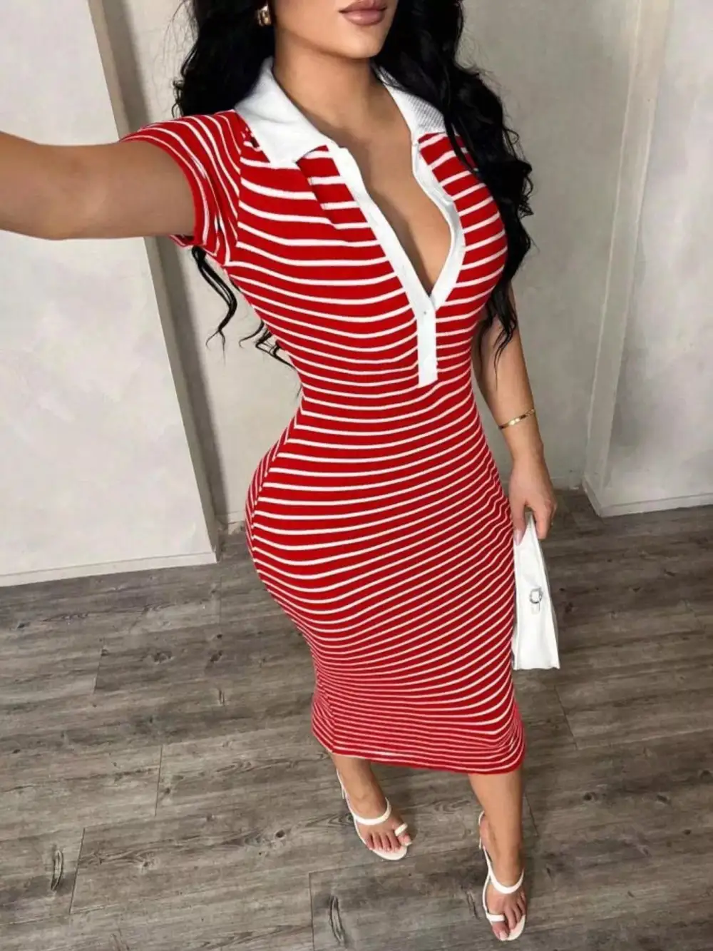 Striped Polo Collar Midi Dress