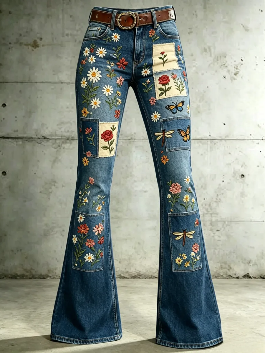 Women'S Retro Flower Commemorative Casual Jeans