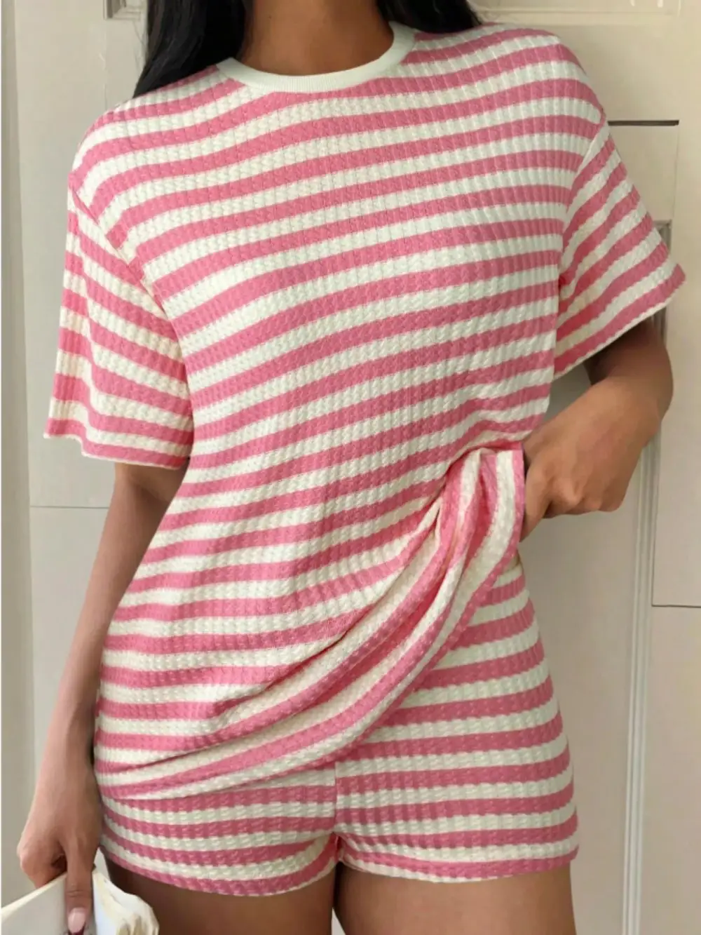 Easy Striped Round Neck Top and Shorts Set