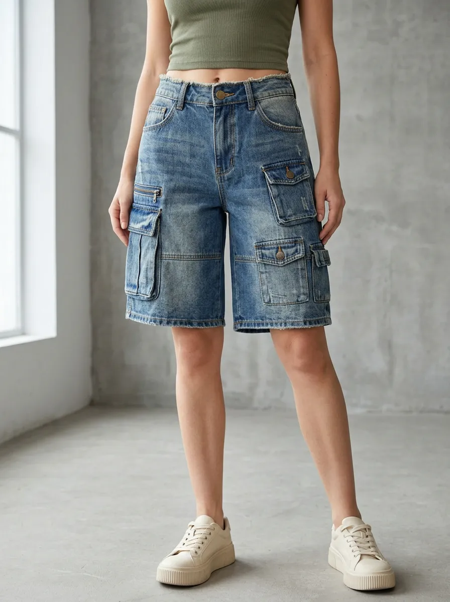 Women's Relaxed Vintage Distressed Multi-Pocket Denim Cargo Shorts Cargo Denim Shorts