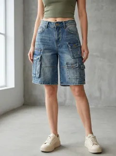 Women's Relaxed Vintage Distressed Multi-Pocket Denim Cargo Shorts Cargo Denim Shorts