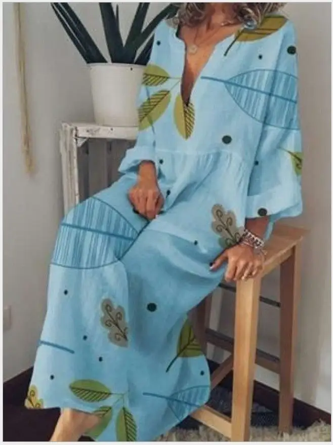 V-neck print loose long sleeve long dress for women