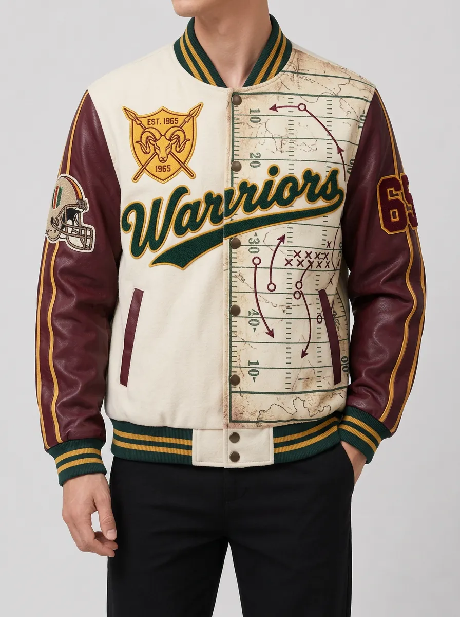 Men's American Football Warriors Playbook Printed Varsity Jacket