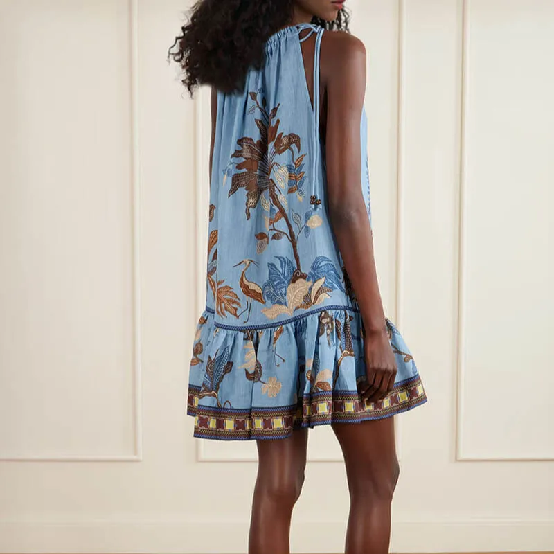 Unique Floral Print Linen Tiered Mini Dress