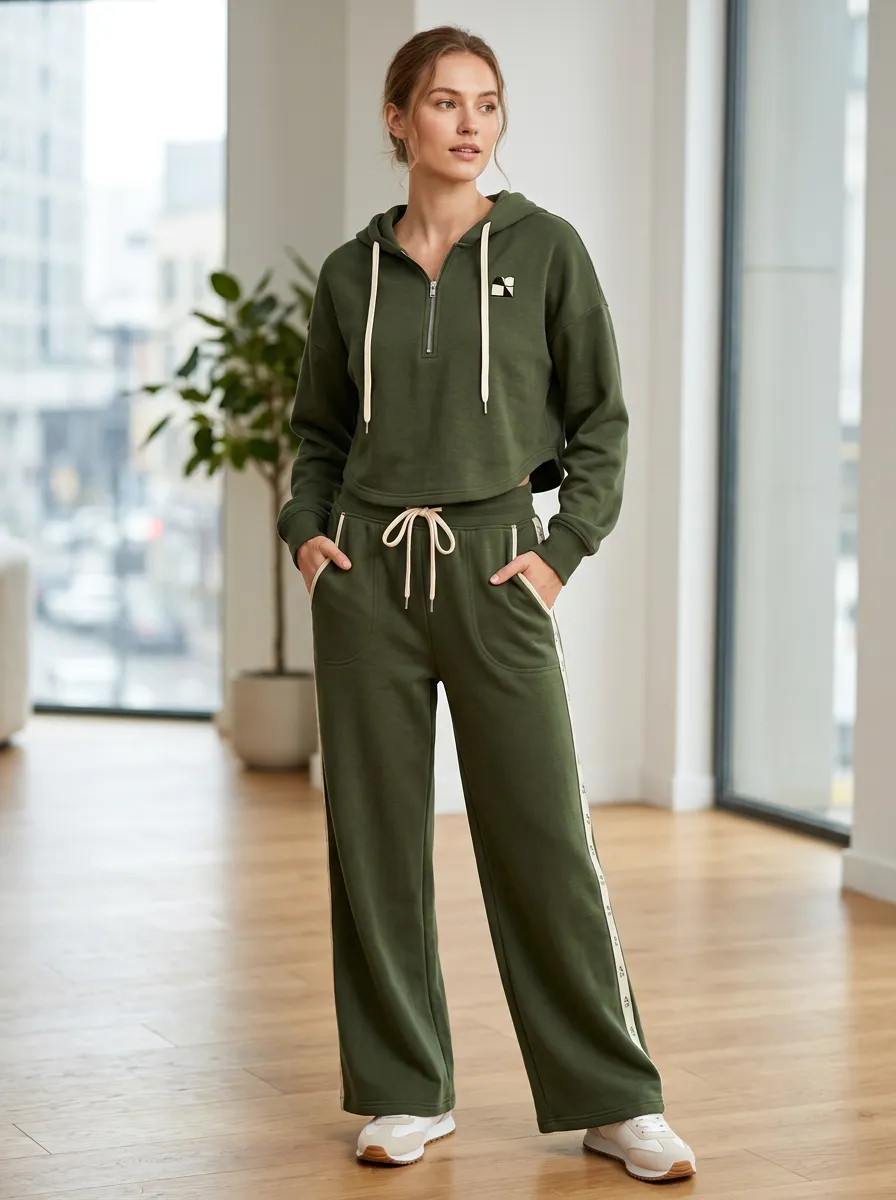 Women's Olive Green Geometric Logo Printed Hooded Tracksuit