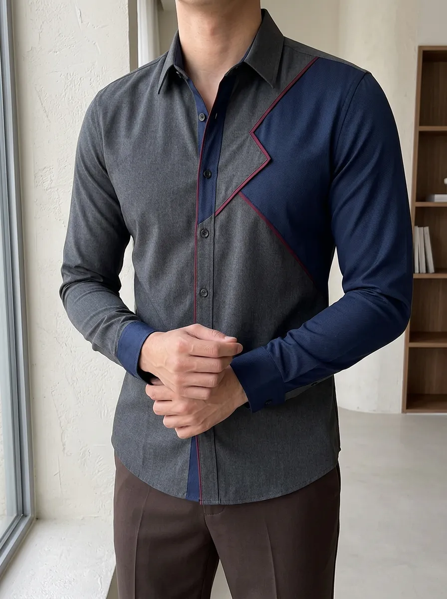 Men's Slim Fit Colorblock Geometric Patchwork Long Sleeve Shirt