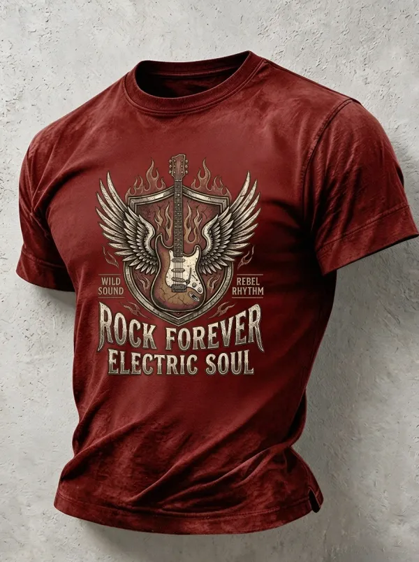 Men's Rock Music Lover Winged Electric Guitar Printed T-shirt
