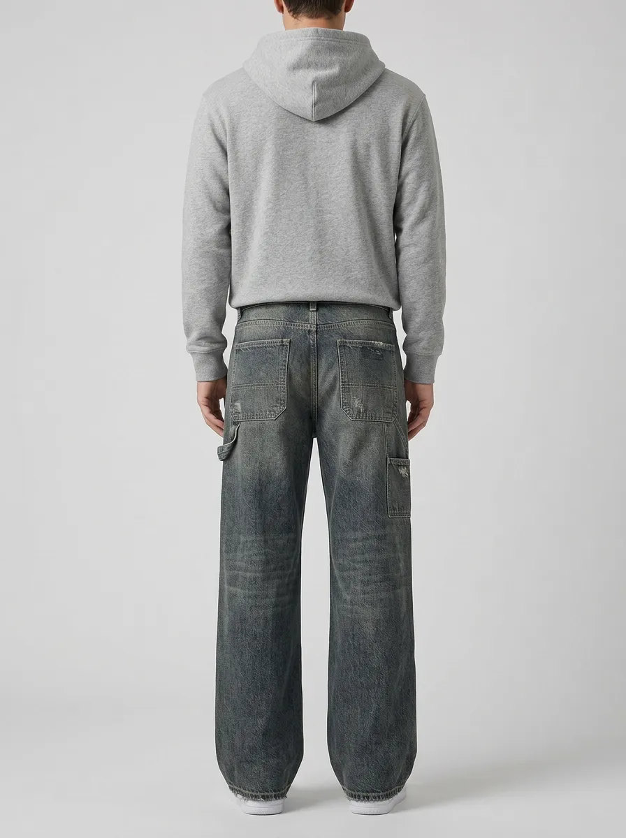 Wide Leg Patchwork Stitched Detail Washed Finish Men's Loose Fit Jeans