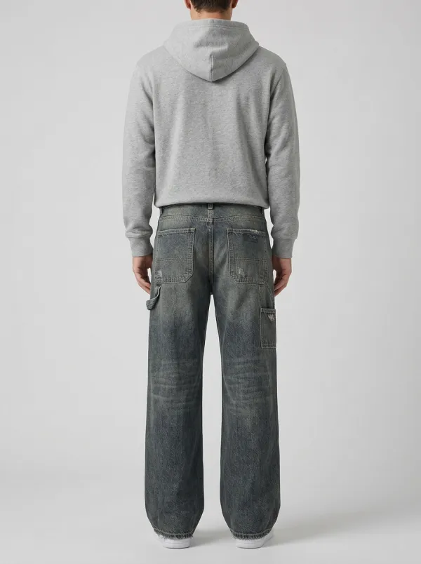 Wide Leg Patchwork Stitched Detail Washed Finish Men's Loose Fit Jeans