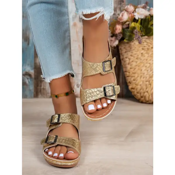 Double Buckle Wedge Sandals