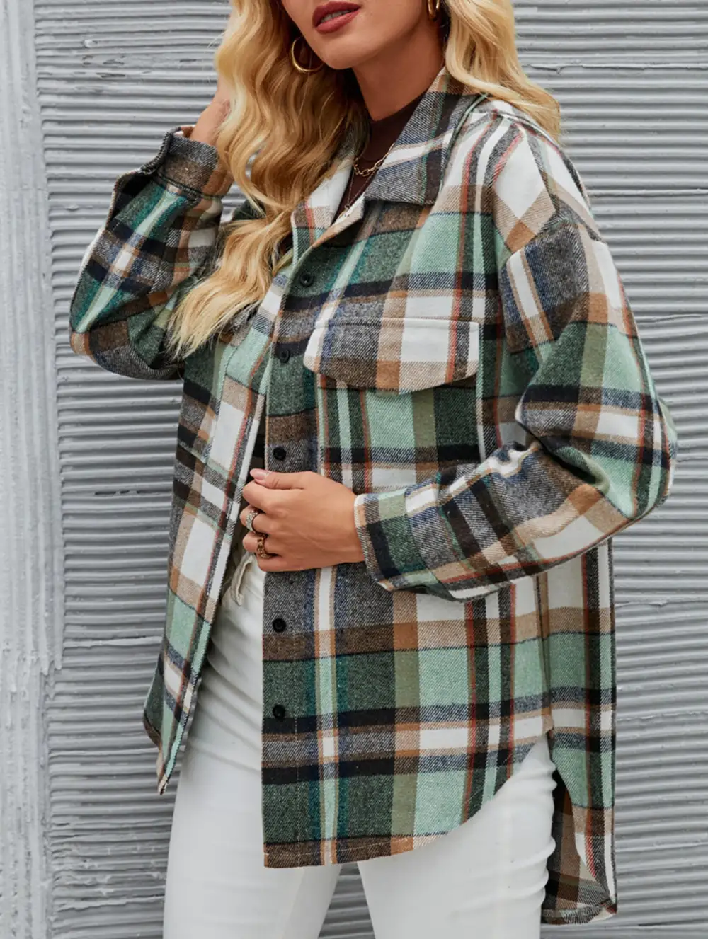Long Sleeve Cardigan Collared Loose Plaid Wool Shirt
