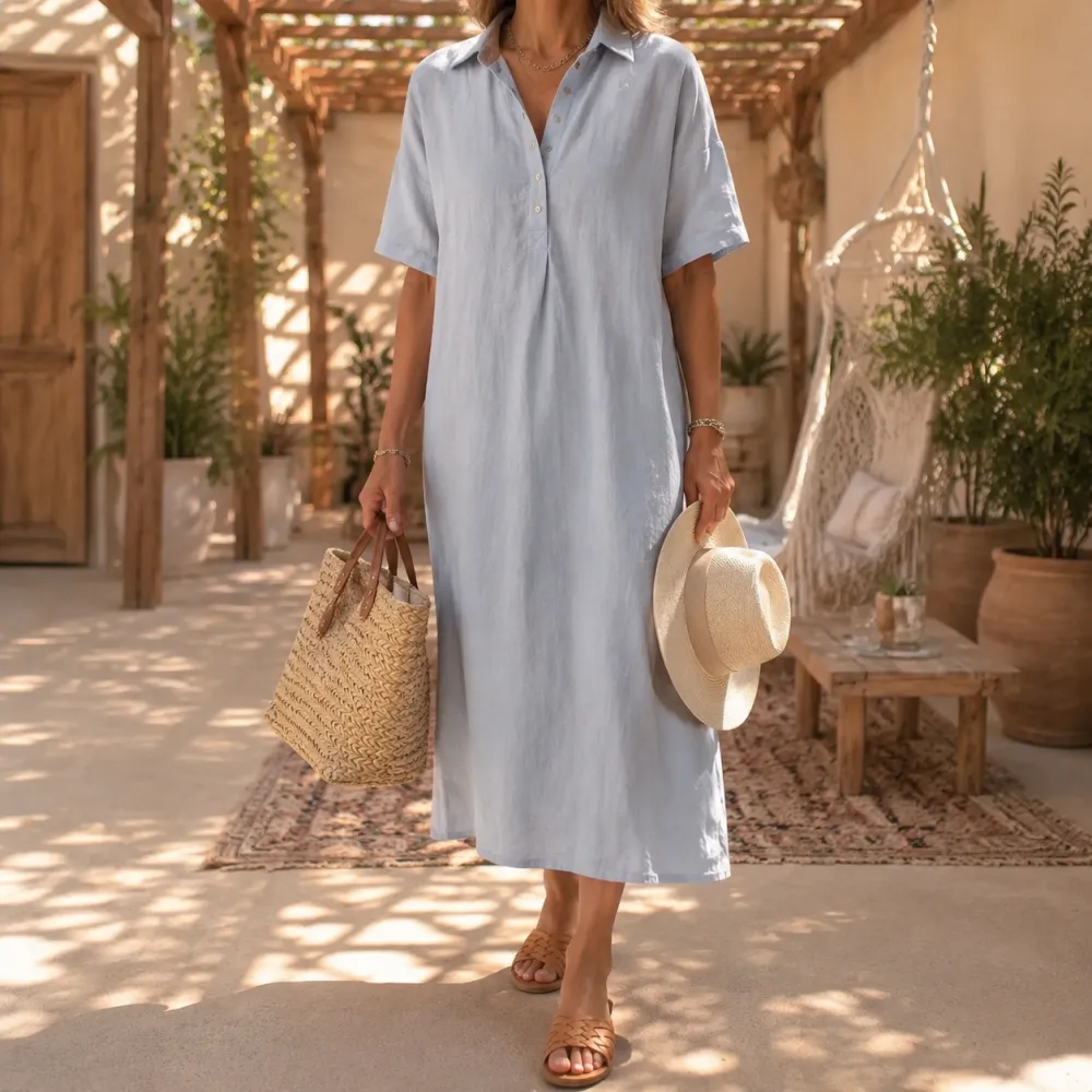 Linen Blend Polo Midi Dress