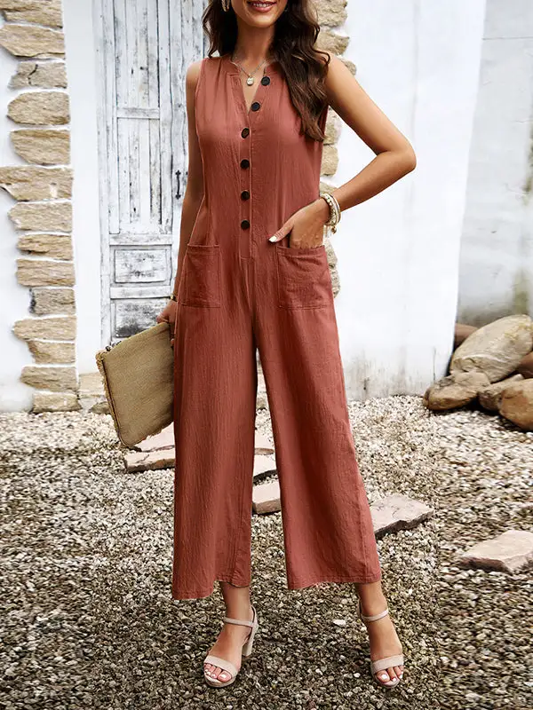 Losse Mouwloze Jumpsuits Met Split Joint V Hals