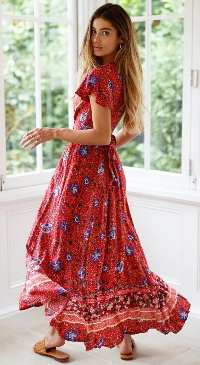 Short Sleeve Boho Floral High Split Maxi Dress
