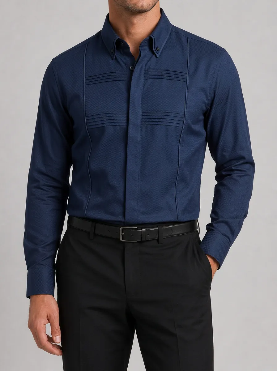 Men's Business Casual Navy Blue Pintuck Textured Long Sleeve Shirt