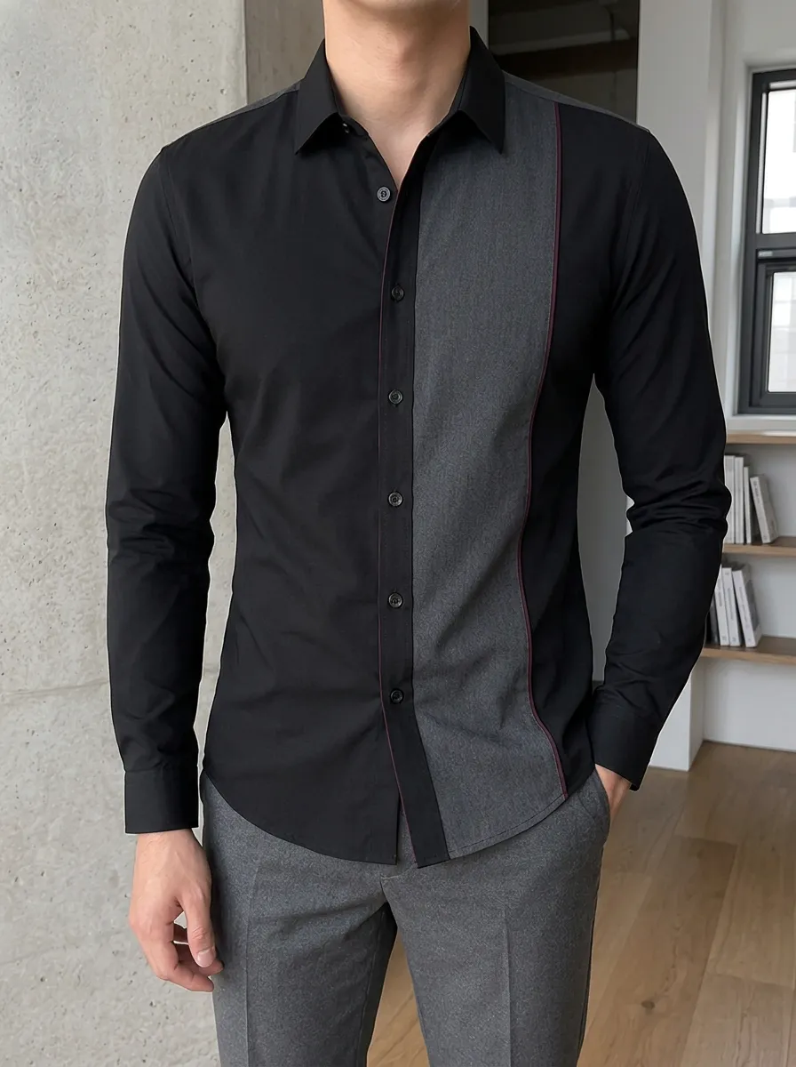 Men's Slim Fit Colorblock Panel Long Sleeve Button Up Shirt