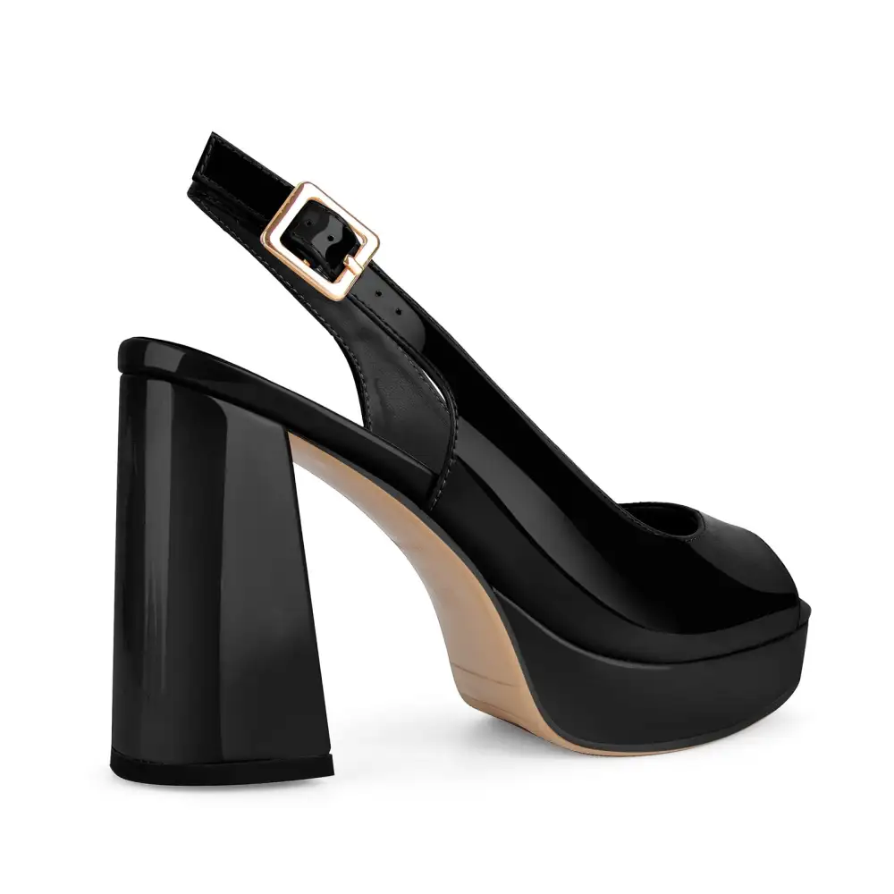Patent Finish Peep Toe Platform Chunky Heel Slingback Pumps