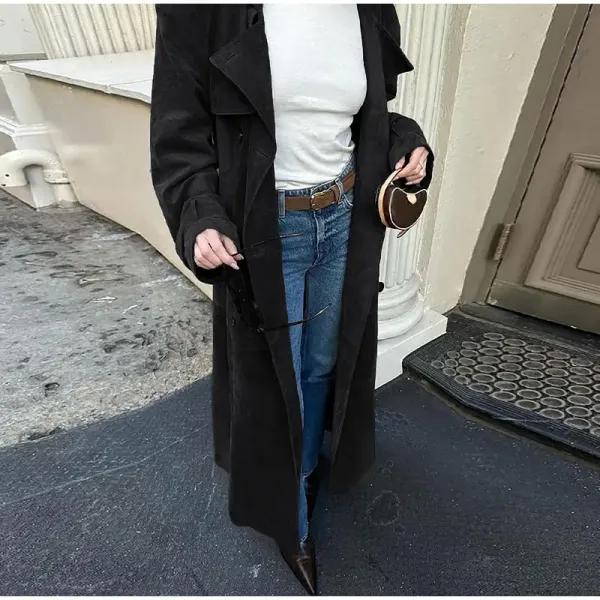 Women's Autumn And Winter Faux Suede Long Trench Coat Notched Lapel Double-Breasted Long Coat With Belt Casual Longline Outerwear Womenswear Jackets