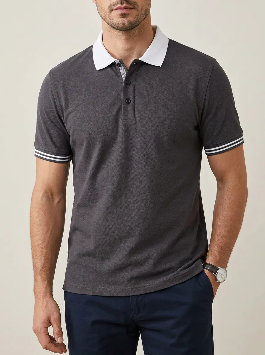 Men's Herringbone Knit Ribbed Textured Striped Contrast-Collar Tipped-Sleeve Polo Shirt