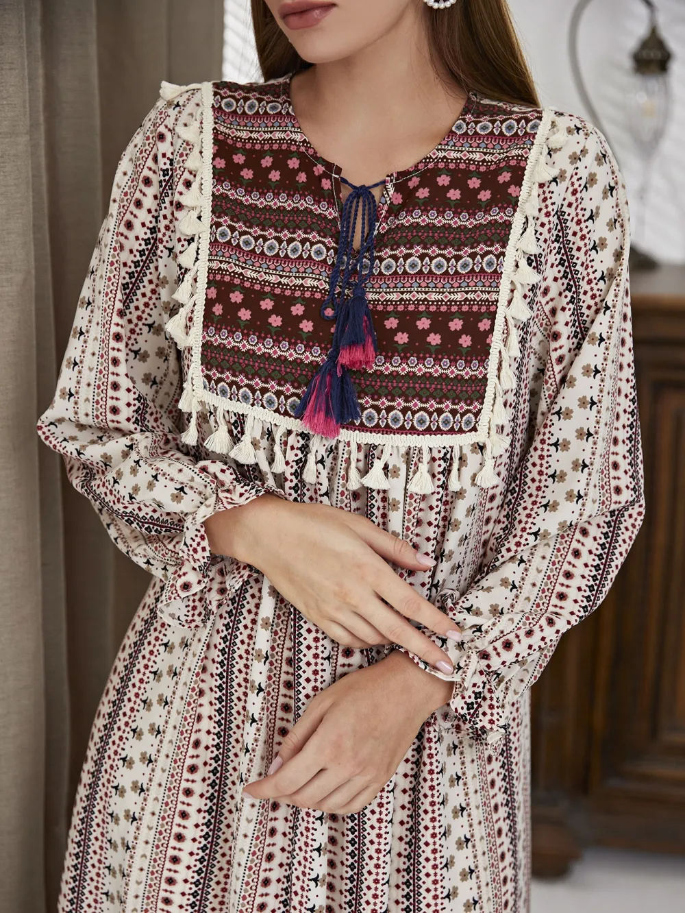 Floral & Geo Print Flounce Sleeve Tassel Trim Tie Neck Dress