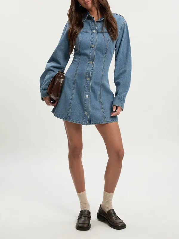 Blue Denim Button Front Tailored Blazer Dress