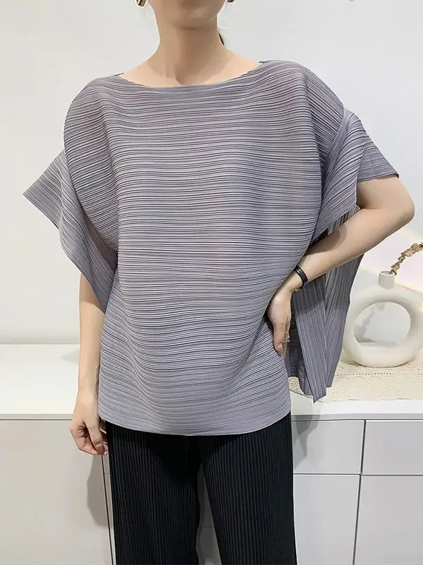 Batwing Sleeve Relaxed Pleat Detail Round Neck T-Shirt