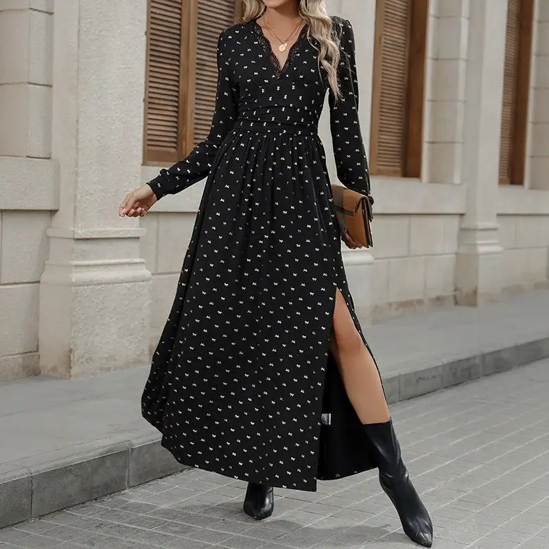 Women's V-Neck Long-Sleeve Lace Ruffled Maxi Dress