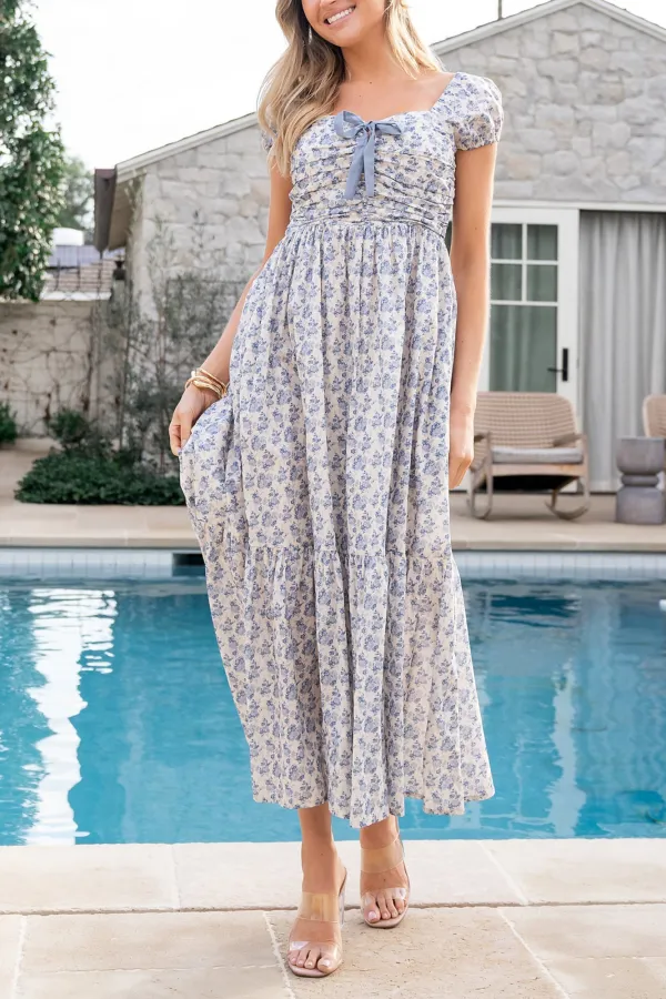 Casual Comfort Bowknot Blue Floral Dress