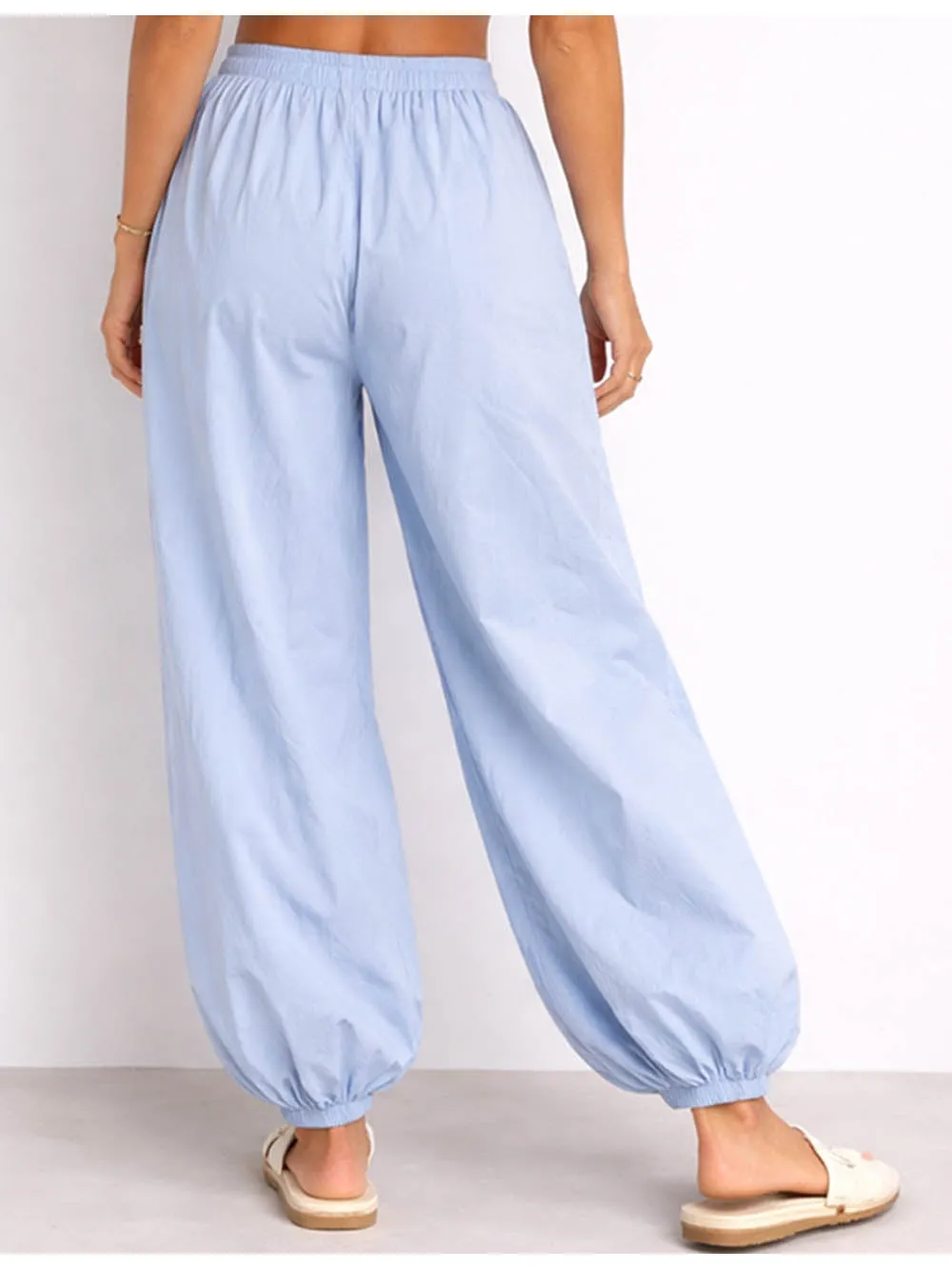 Solid Color Elastic Waist Drawstring Lantern Pants