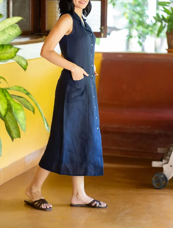 Navy Blue Linen Notch-Collar Dress