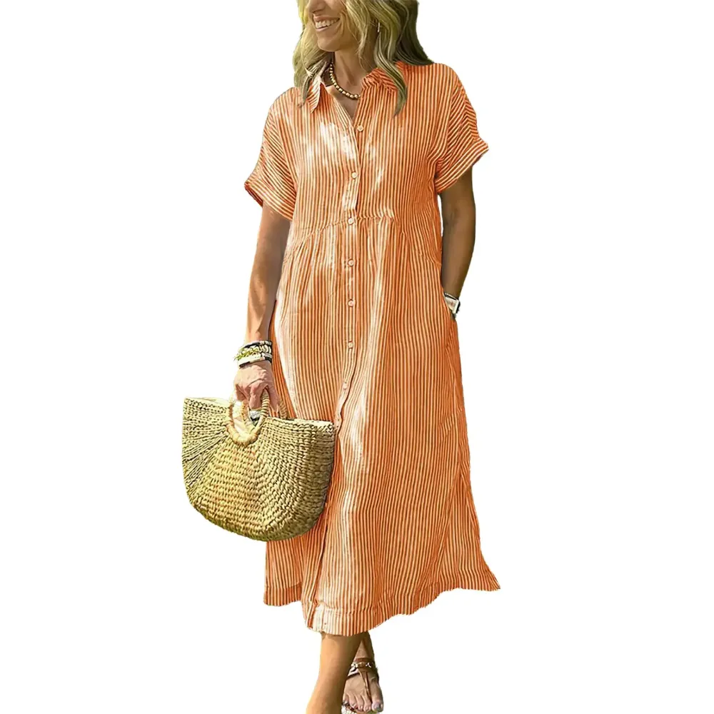 Women‘s Boho Striped Shirt Dress Button Down Loose Midi Dress with Pockets and Side Slit