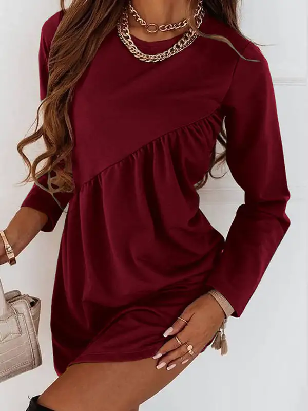 Casual Relaxed Long Sleeve Solid Color Round Neck Mini Dress