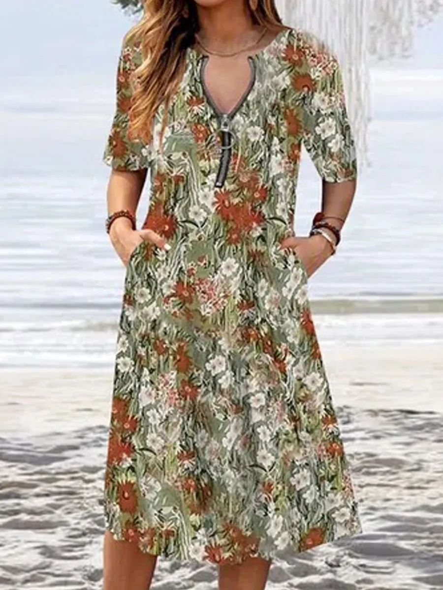 Round Neck Zip Casual Loose Floral Print Short Sleeve Midi Dress