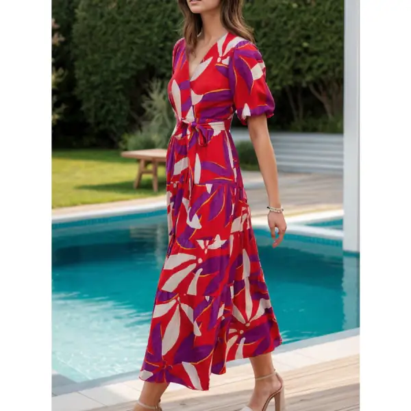 Tied Slit Printed Half Sleeve Midi Dress