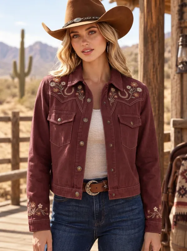 Women's Western Cowboy Horseshoe Horse Floral Embroidery Floral Jacket