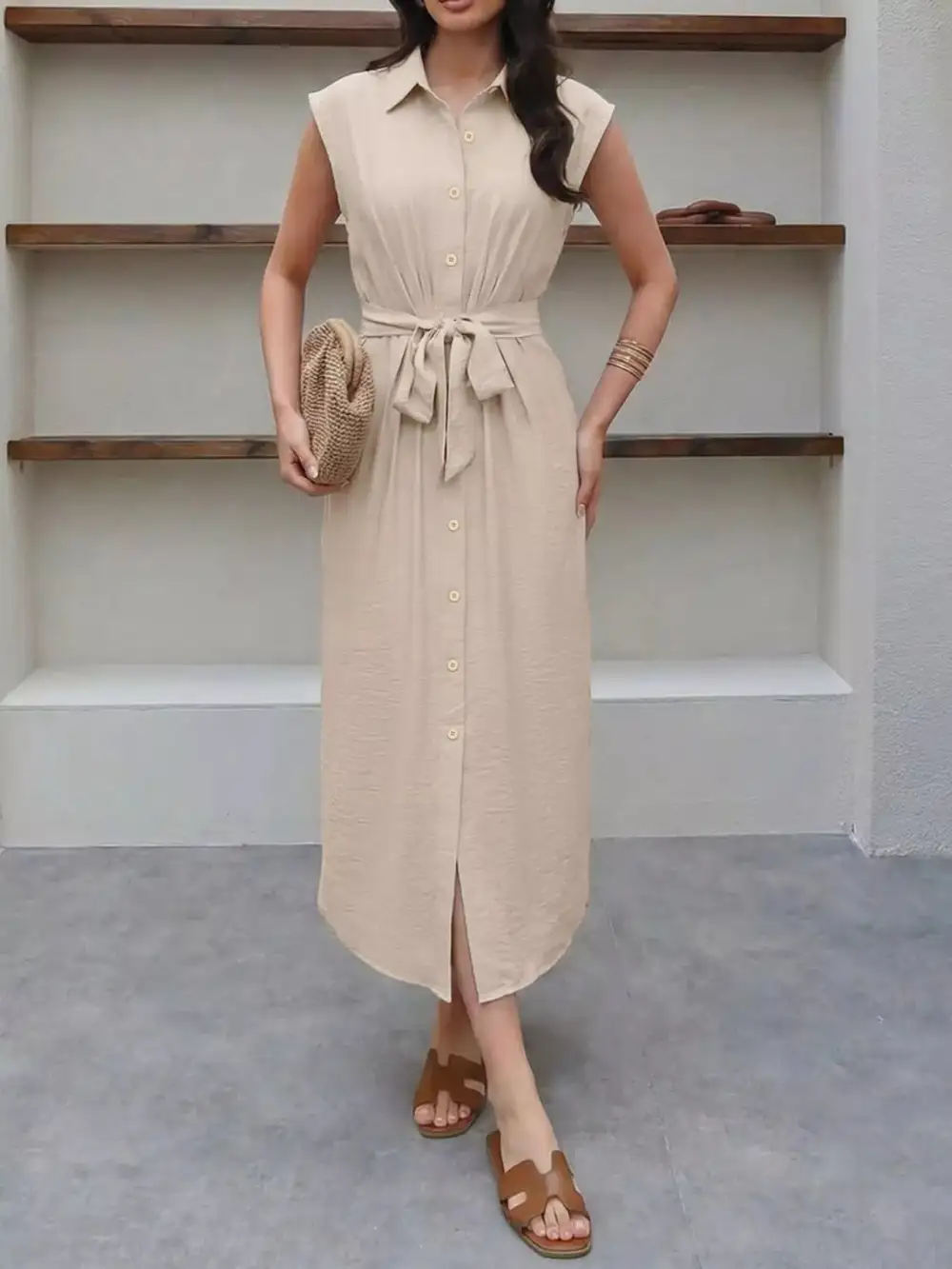 Button Front Tie Waist Sleeveless Midi Dress