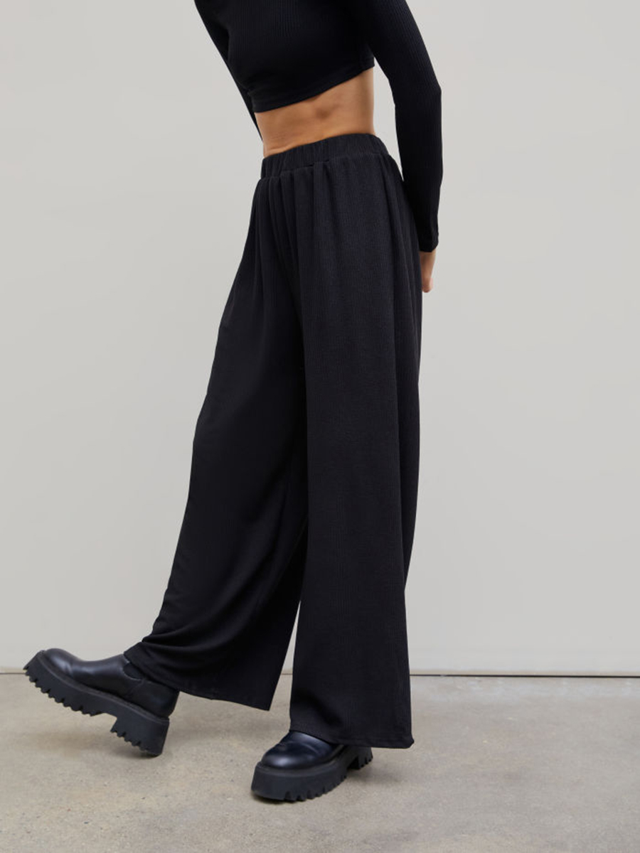 Solid Knitted Crop Top & Wide Leg Trousers Set