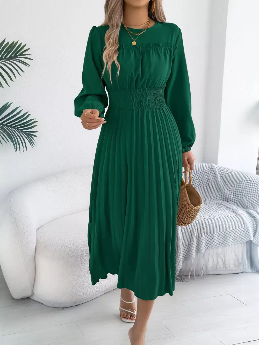 Pleated Smocked Long Sleeve Midi Dress