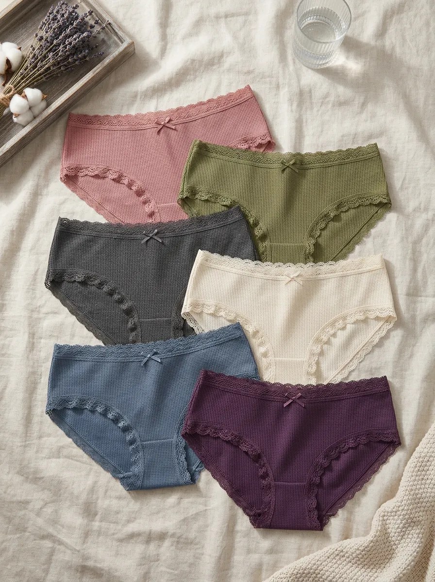 Women's Waffle Knit Bow Detail Lace Trim 6-Piece Underwear Set