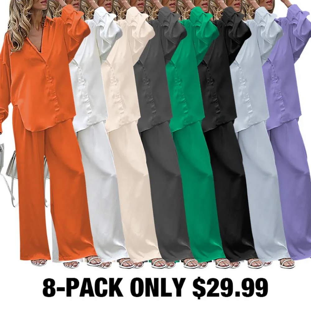 8PACK-Solid Color Silk Fabric Tank Top and Shirt and Pants Three Piece Set