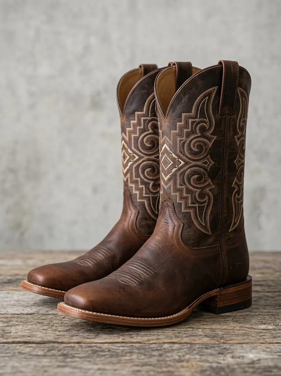 Men's Western Scrollwork Tonal-Embroidery Square-Toe Mid-Calf Pull-Tab Cowboy Boots